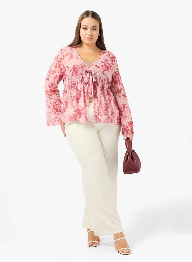 ايلا بلس بلوزة مطبوعة بالزهور مقاس كبير برباط - Image 4